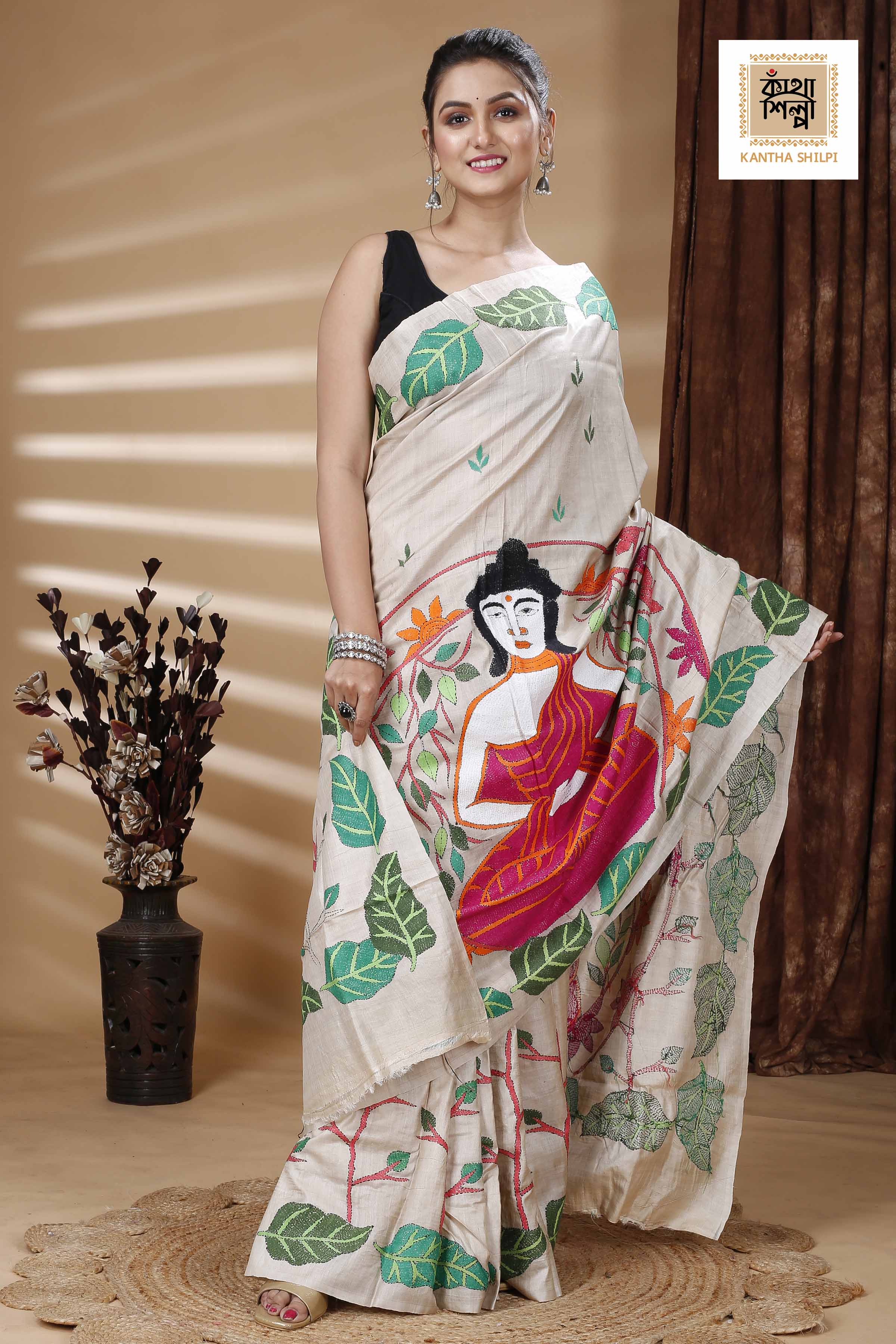 Pure Gachi Tussar Multicolor Thread Work Leaf and Lord Buddha Motif Kantha Stitch Saree