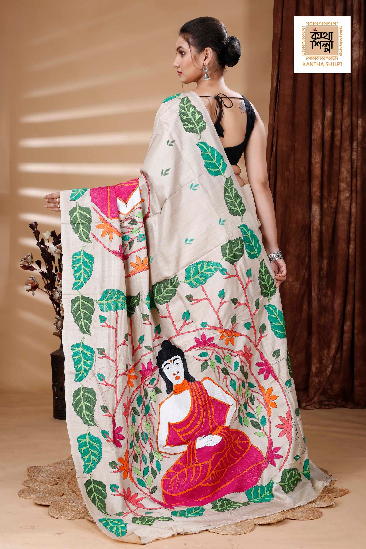 Pure Gachi Tussar Multicolor Thread Work Leaf and Lord Buddha Motif Kantha Stitch Saree