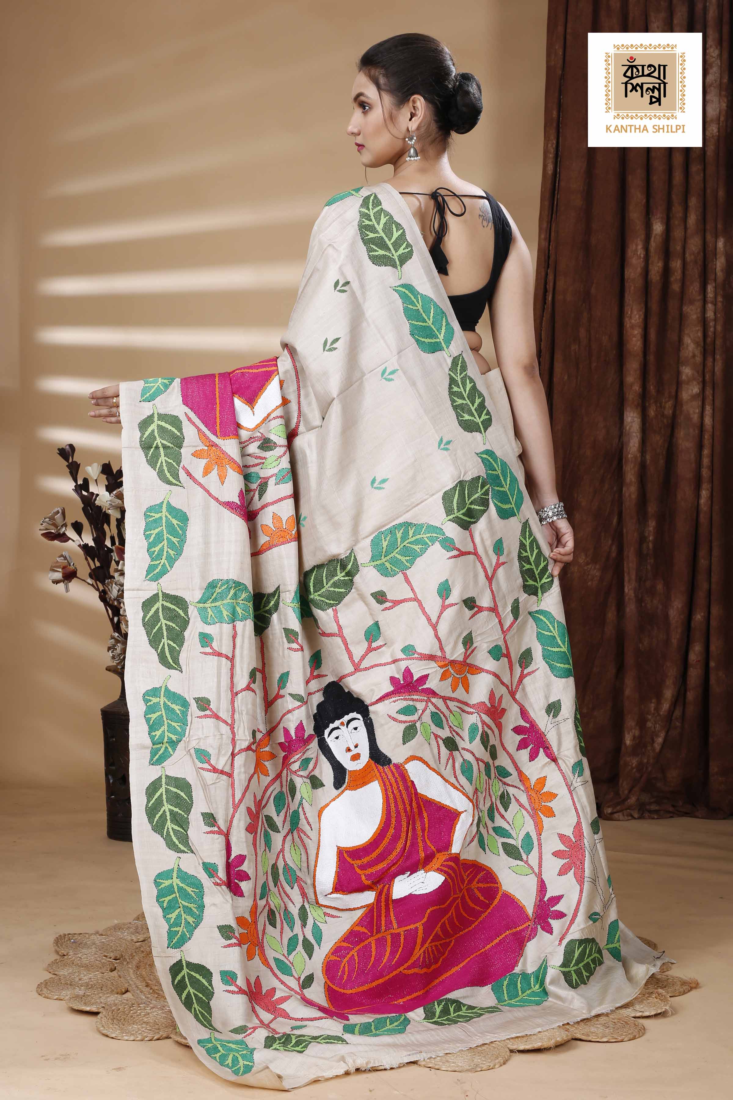 Pure Gachi Tussar Multicolor Thread Work Leaf and Lord Buddha Motif Kantha Stitch Saree