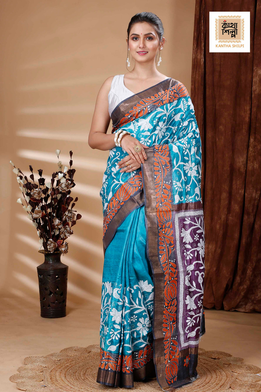 Zori Border Pure Dye Tussar Kantha Stitch Saree