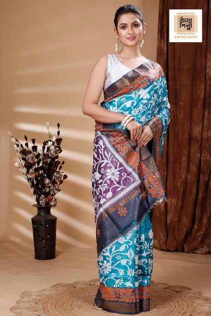 Zori Border Pure Dye Tussar Kantha Stitch Saree