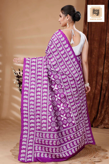 Magenta Pure Bangalore Silk White Color Thread Work Kalka Design Kantha Stitch Saree