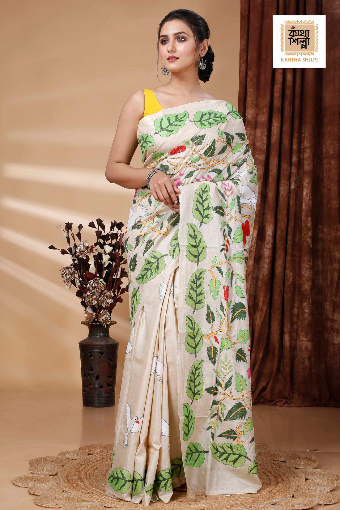 Pure Gachi Tussar Multicolor Thread Work Leaf and Floral with Bird Motif Kantha Stitch Saree