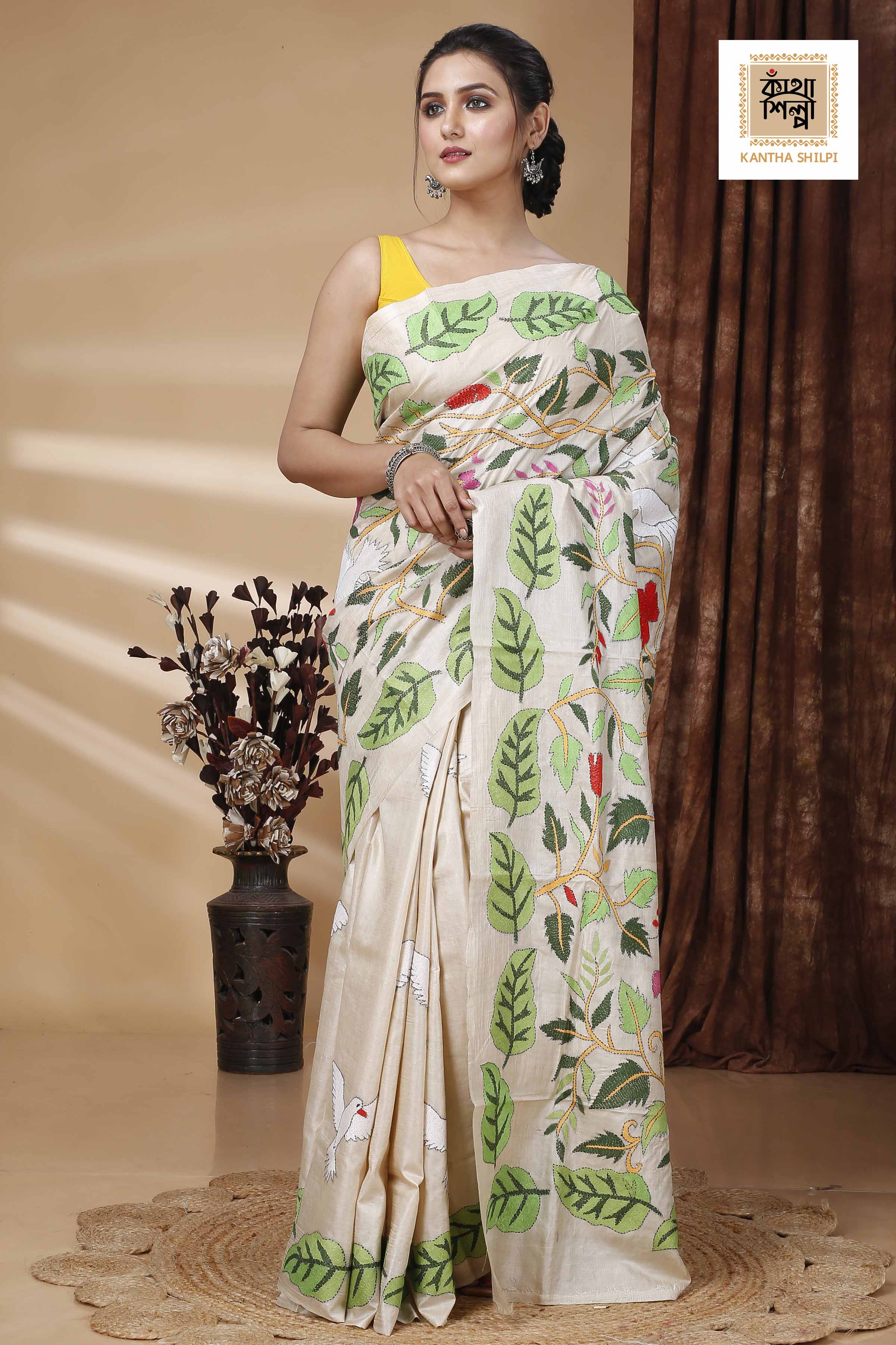 Pure Gachi Tussar Multicolor Thread Work Leaf and Floral with Bird Motif Kantha Stitch Saree