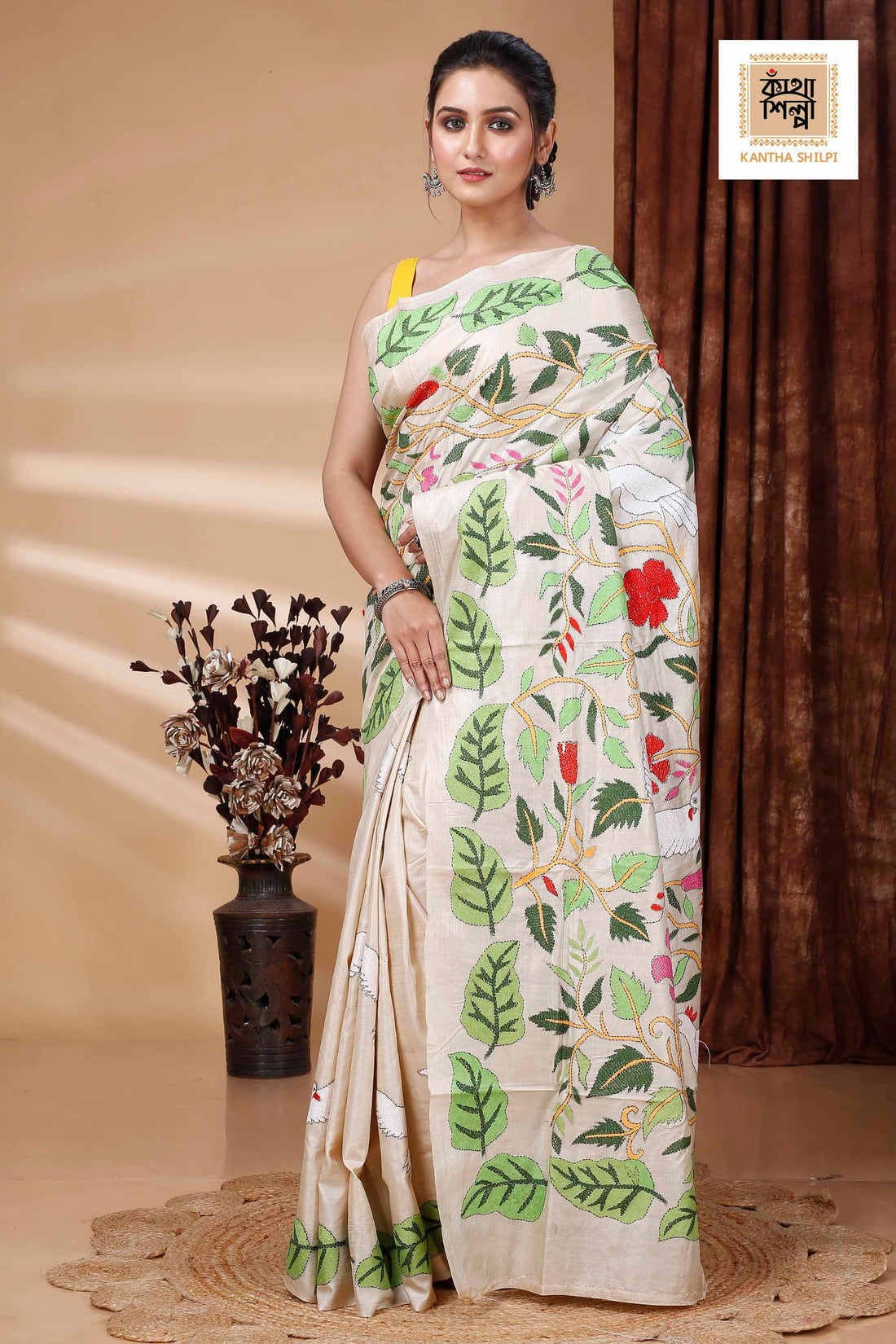 Pure Gachi Tussar Multicolor Thread Work Leaf and Floral with Bird Motif Kantha Stitch Saree
