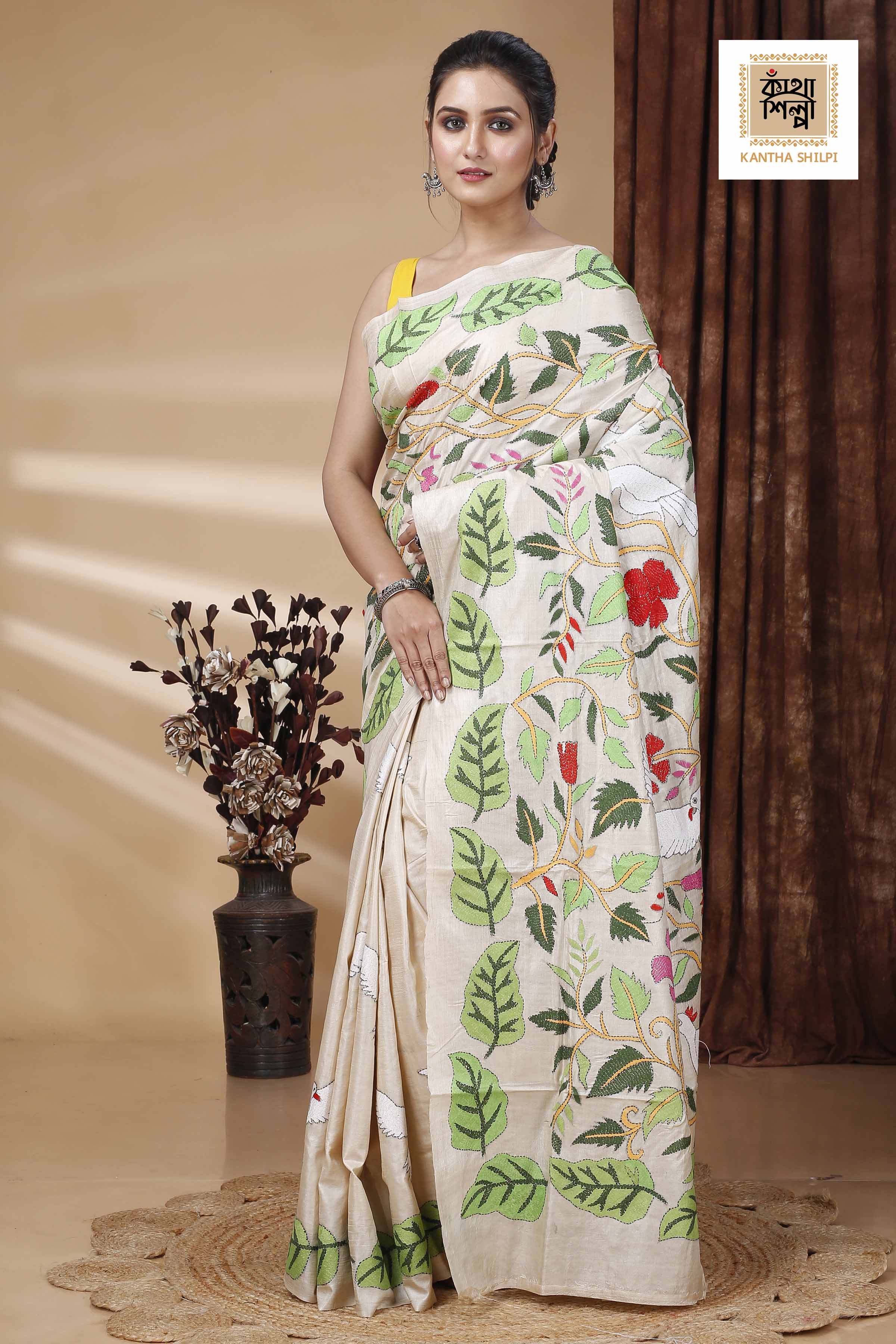Pure Gachi Tussar Multicolor Thread Work Leaf and Floral with Bird Motif Kantha Stitch Saree