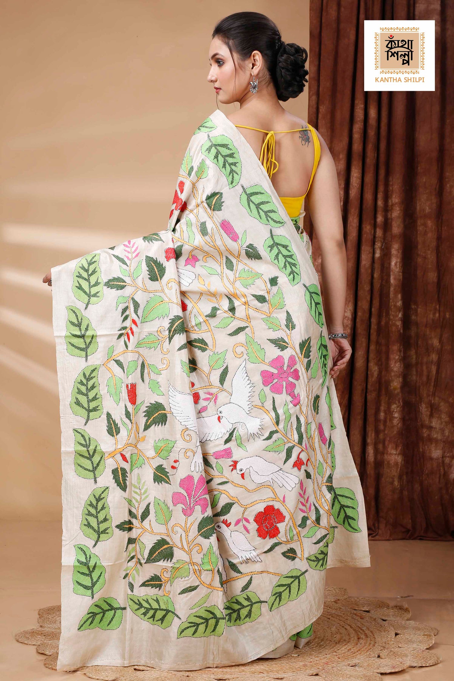 Pure Gachi Tussar Multicolor Thread Work Leaf and Floral with Bird Motif Kantha Stitch Saree