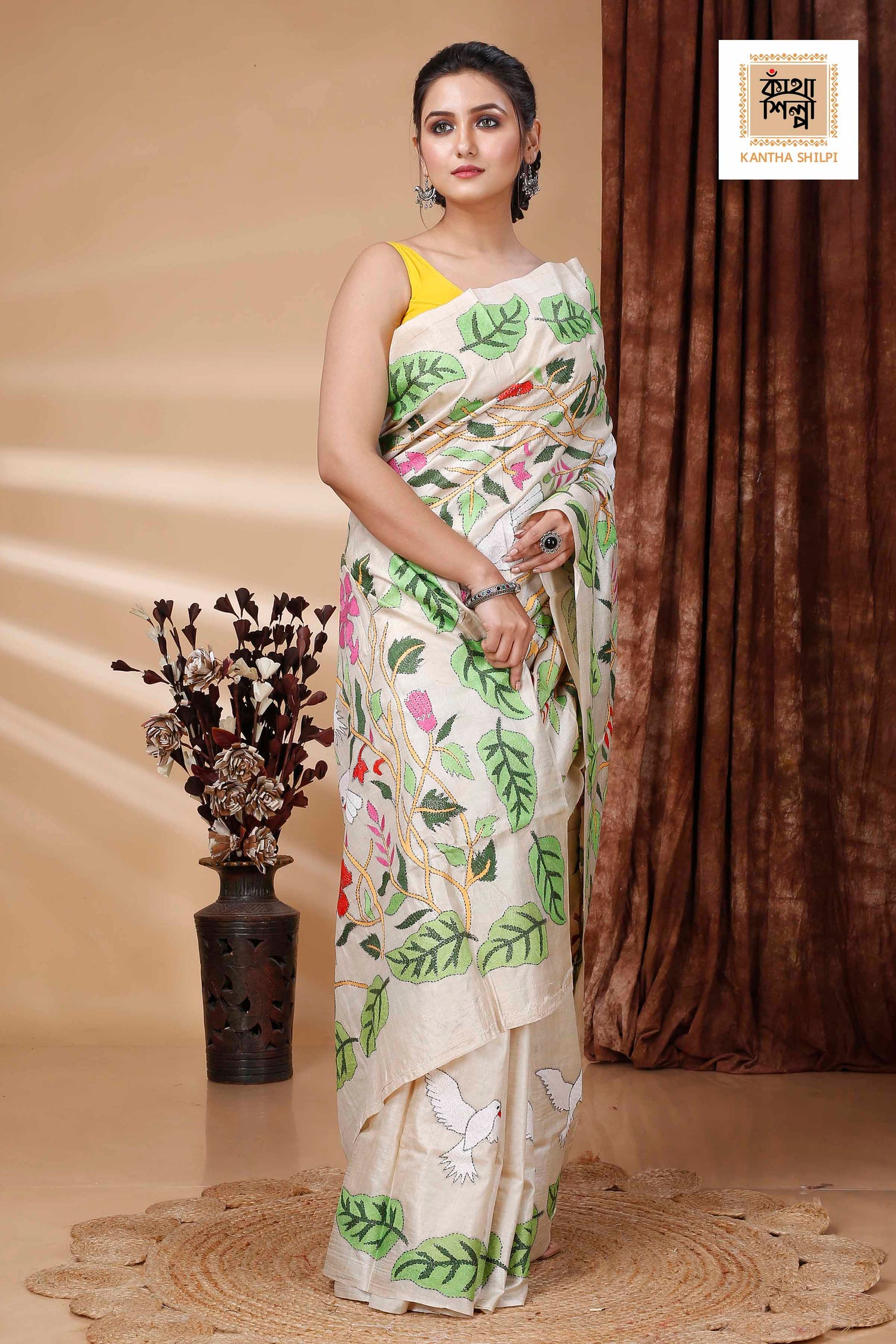 Pure Gachi Tussar Multicolor Thread Work Leaf and Floral with Bird Motif Kantha Stitch Saree