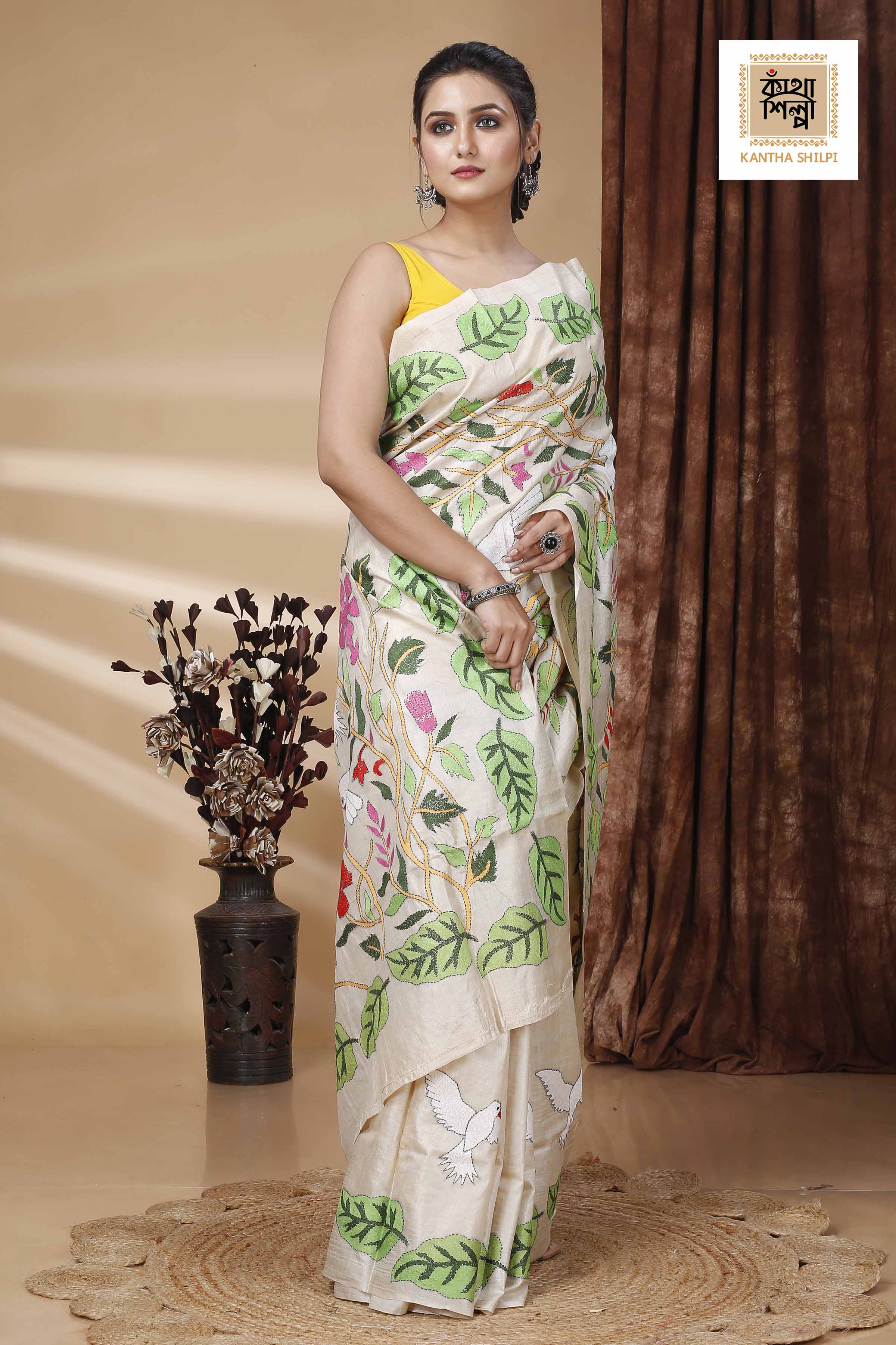 Pure Gachi Tussar Multicolor Thread Work Leaf and Floral with Bird Motif Kantha Stitch Saree