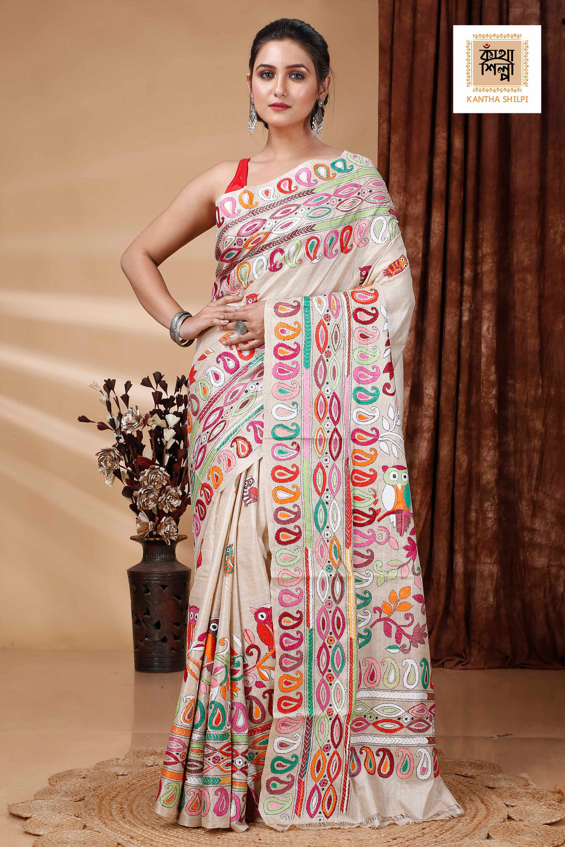 Pure Gachi Tussar Multicolor Thread Work Kalka and Owl Motif Kantha Stitch Saree
