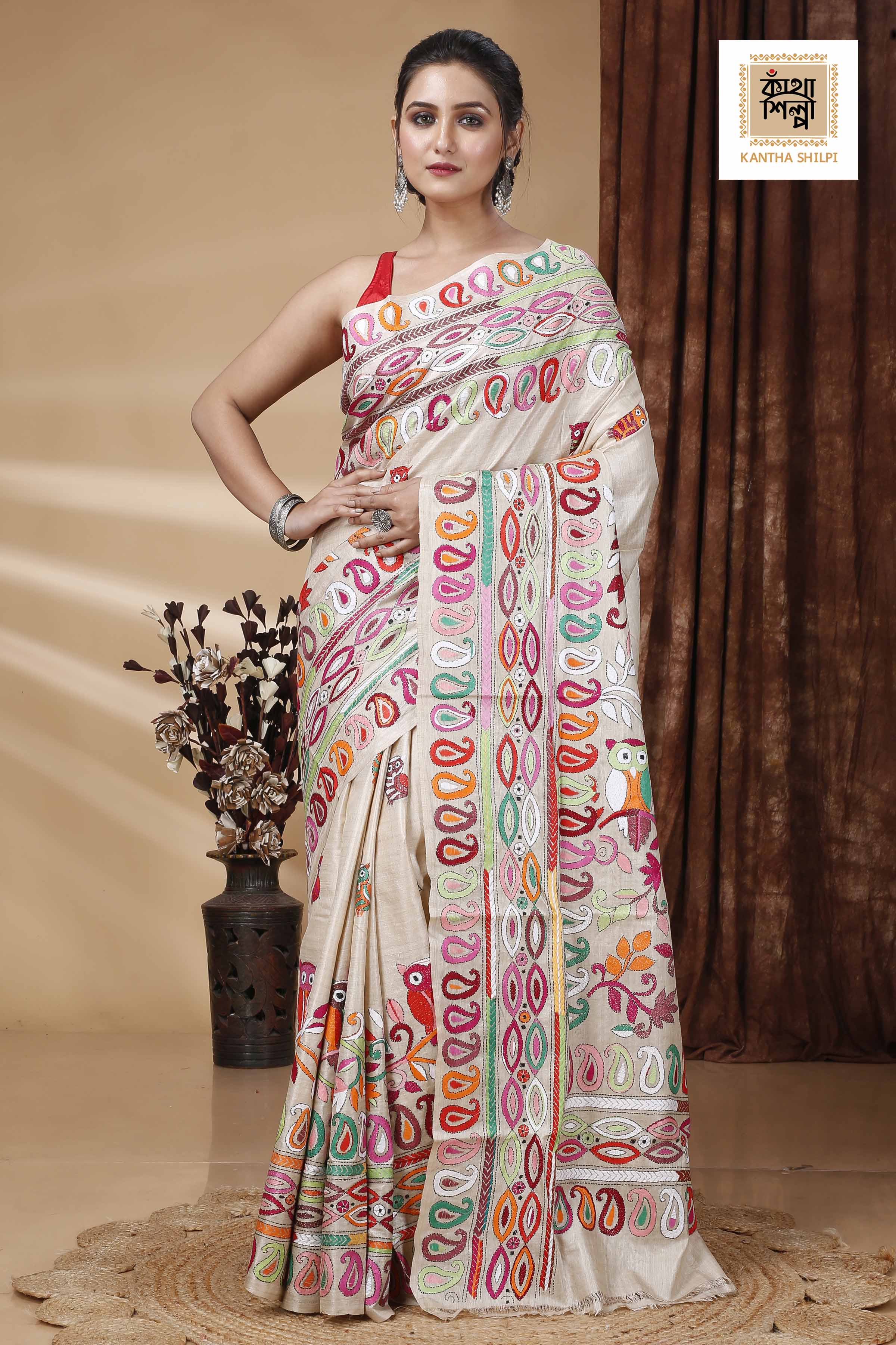 Pure Gachi Tussar Multicolor Thread Work Kalka and Owl Motif Kantha Stitch Saree