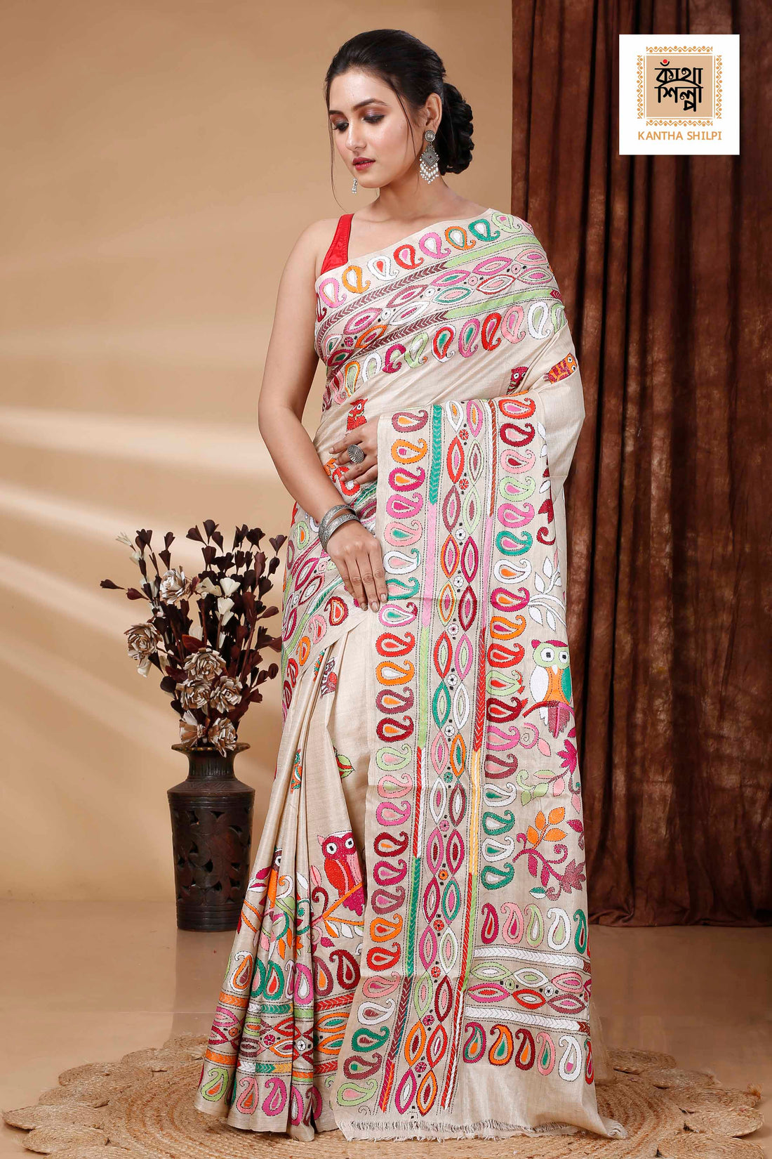 Pure Gachi Tussar Multicolor Thread Work Kalka and Owl Motif Kantha Stitch Saree