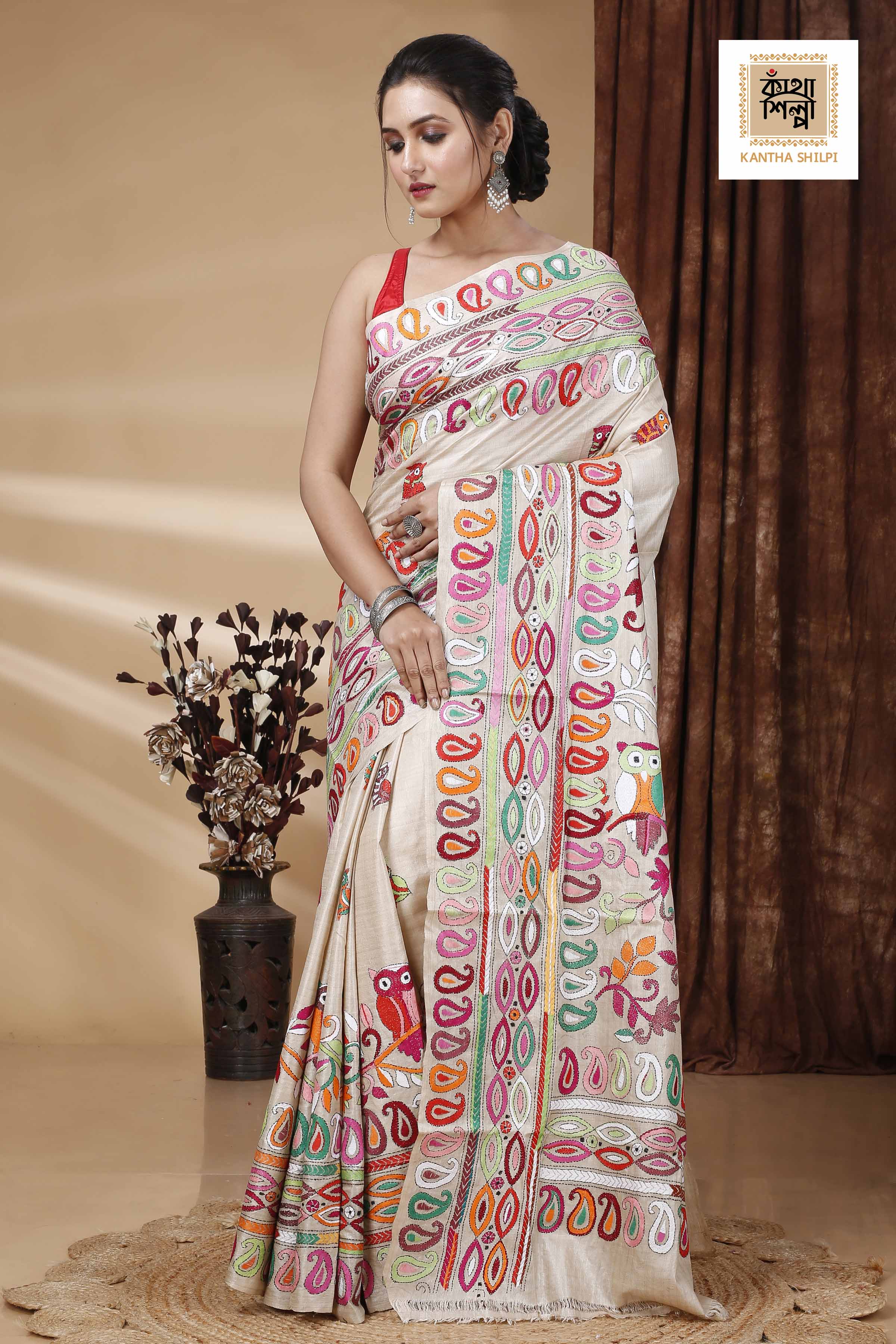 Pure Gachi Tussar Multicolor Thread Work Kalka and Owl Motif Kantha Stitch Saree