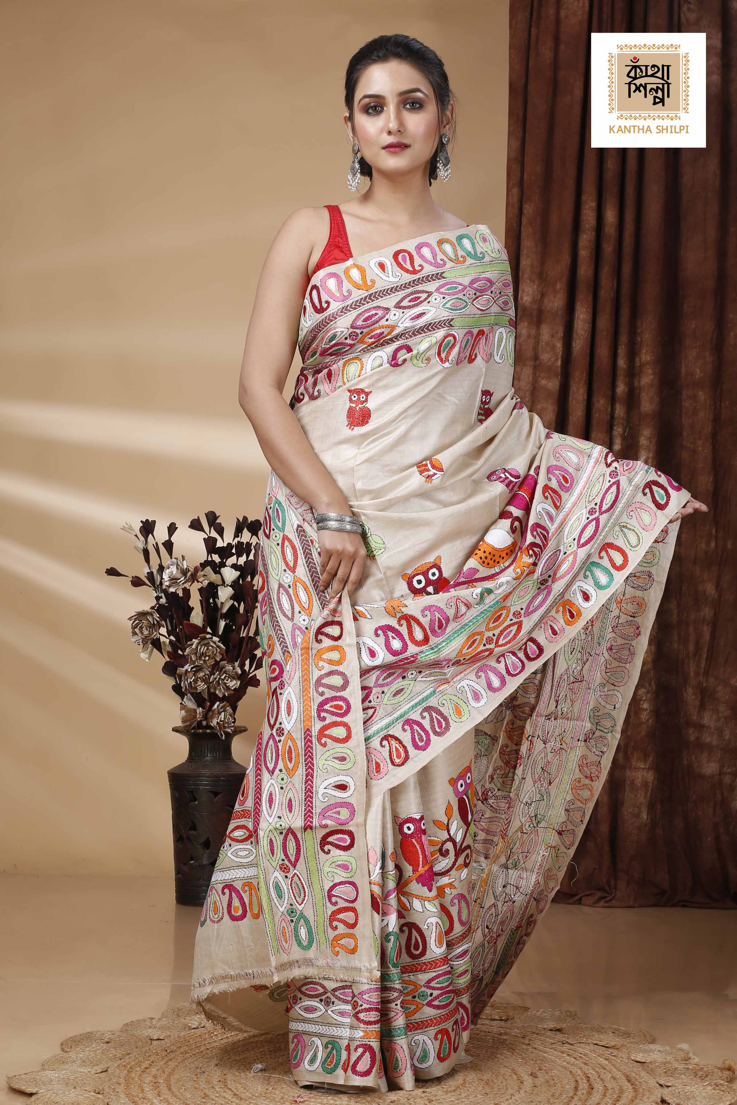 Pure Gachi Tussar Multicolor Thread Work Kalka and Owl Motif Kantha Stitch Saree