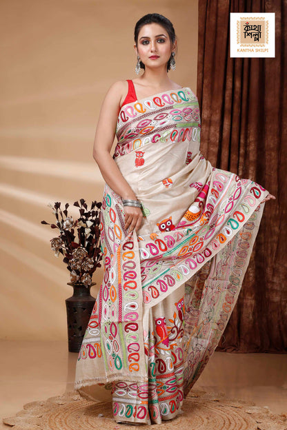 Pure Gachi Tussar Multicolor Thread Work Kalka and Owl Motif Kantha Stitch Saree