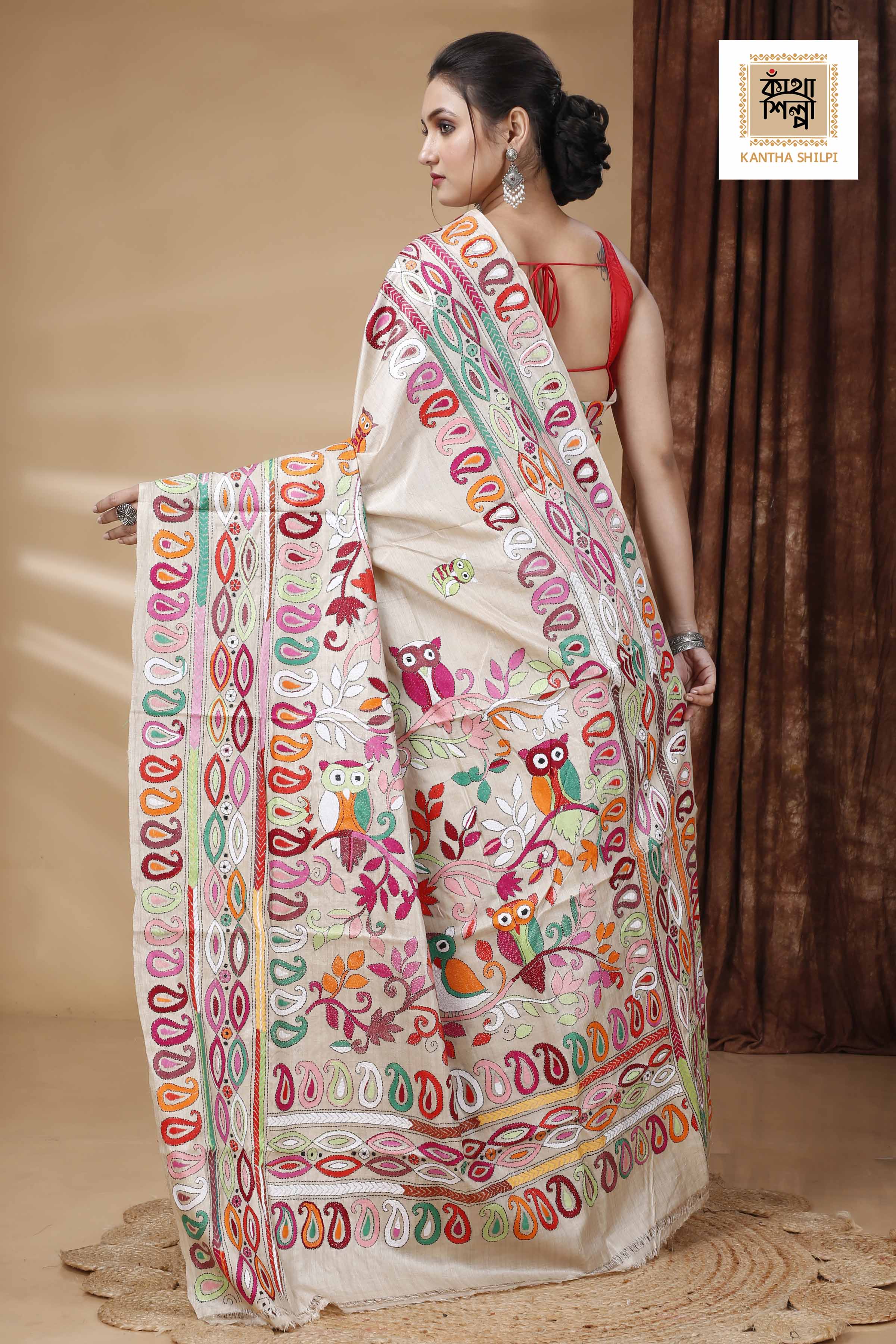 Pure Gachi Tussar Multicolor Thread Work Kalka and Owl Motif Kantha Stitch Saree