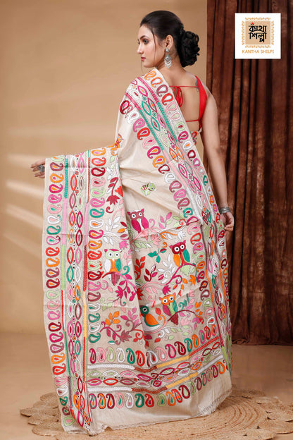 Pure Gachi Tussar Multicolor Thread Work Kalka and Owl Motif Kantha Stitch Saree
