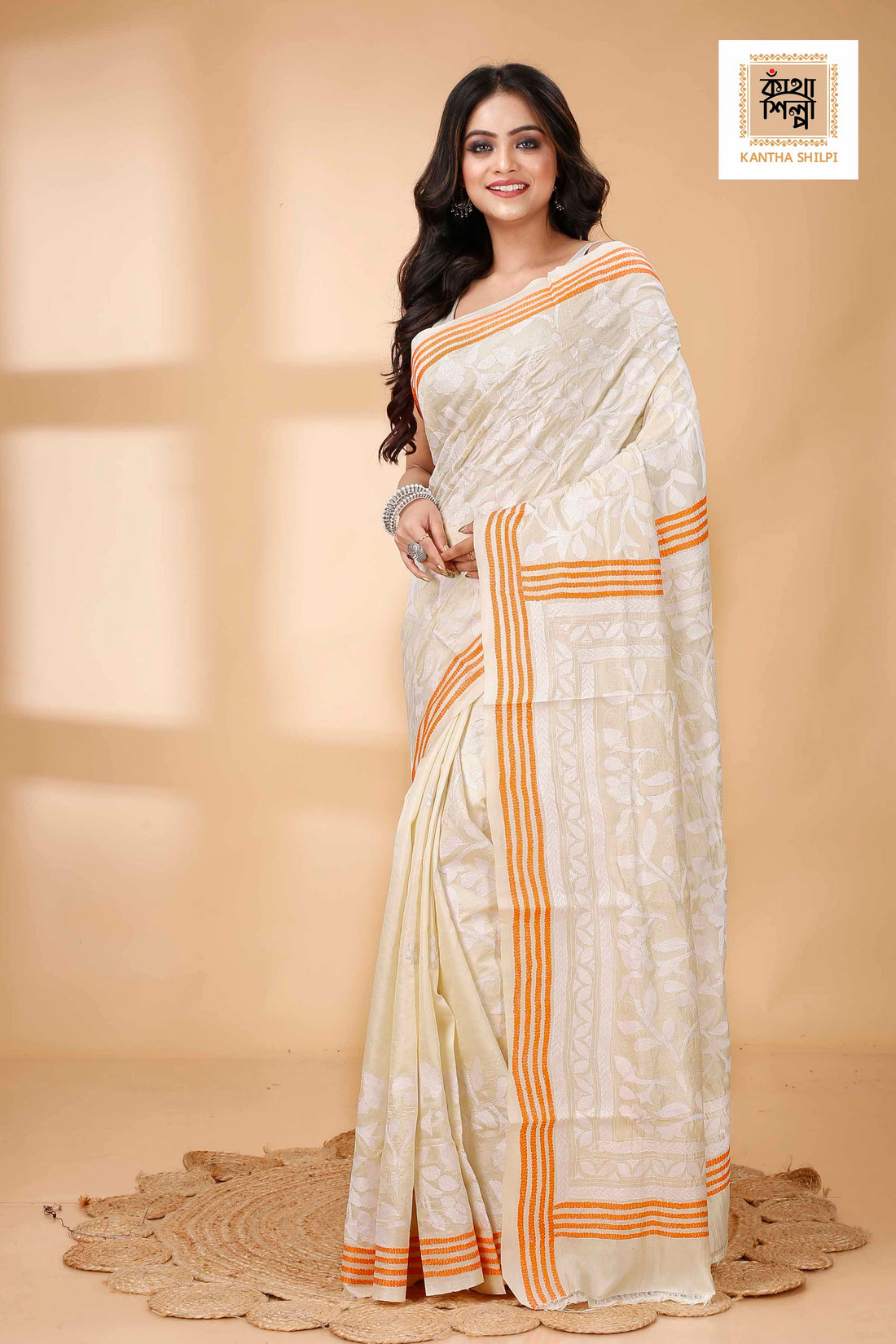 Off White Tussar White and Orange Color Thread Work Floral Motif Kantha Stitch Saree