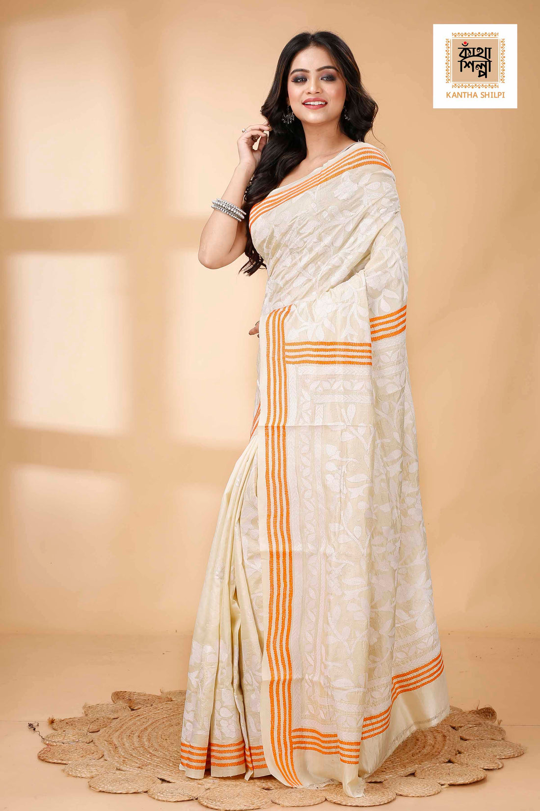 Off White Tussar White and Orange Color Thread Work Floral Motif Kantha Stitch Saree