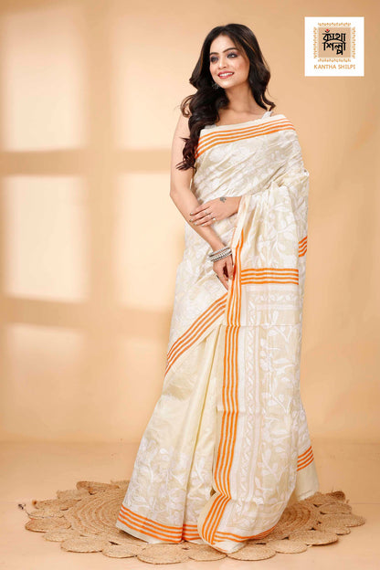 Off White Tussar White and Orange Color Thread Work Floral Motif Kantha Stitch Saree