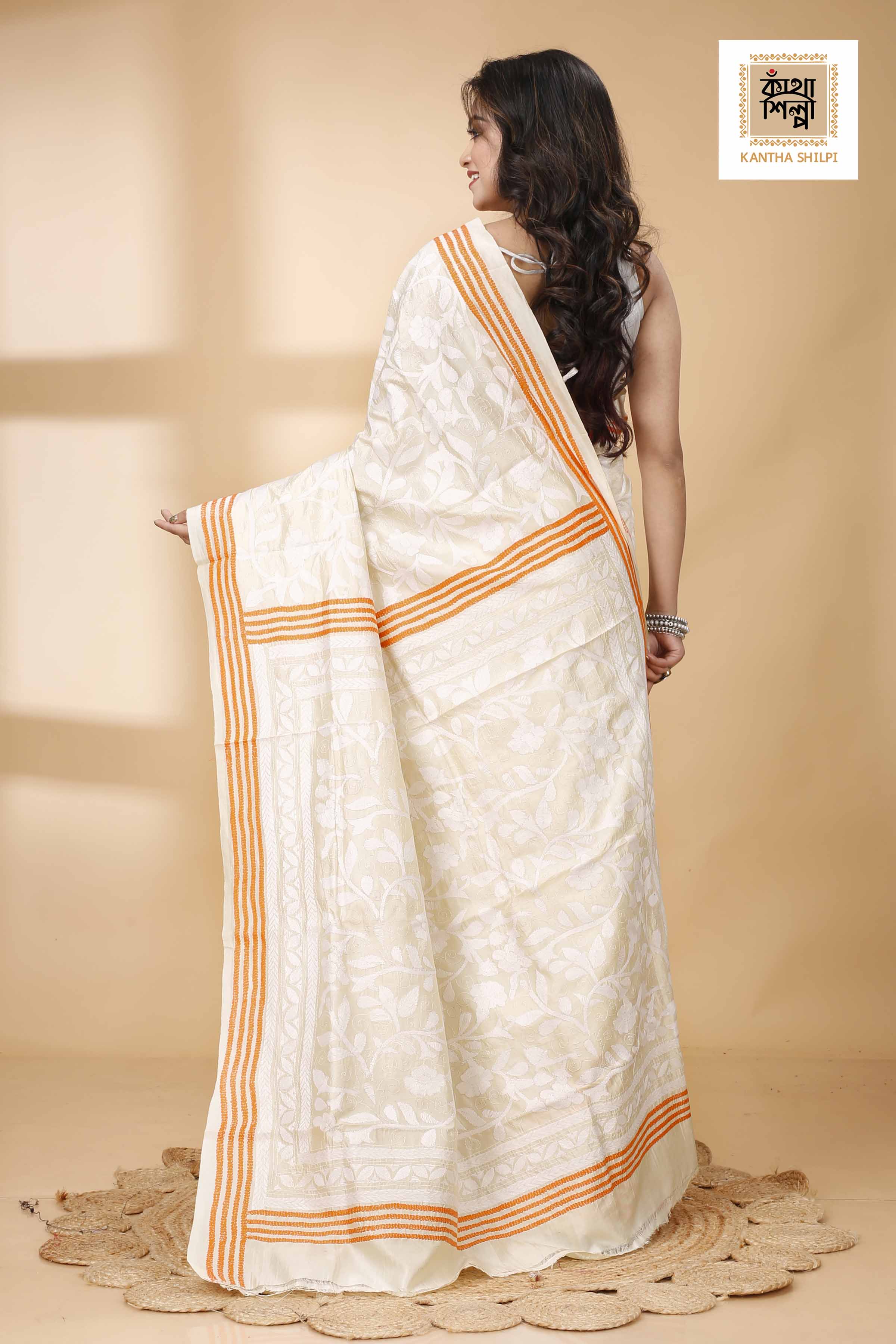 Off White Tussar White and Orange Color Thread Work Floral Motif Kantha Stitch Saree