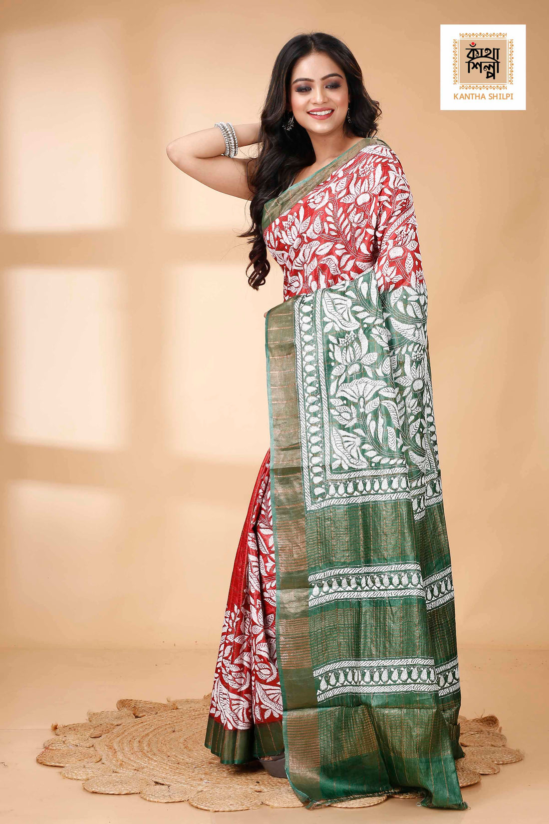 Zori Border and Checks Pure Dye Tussar Kantha Stitch Saree