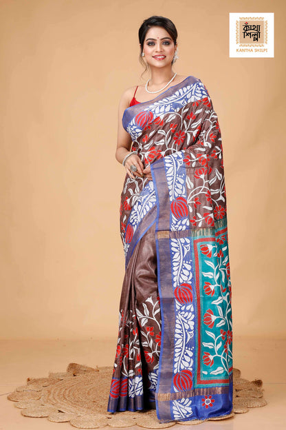 Zori Border Pure Dye Tussar Kantha Stitch Saree