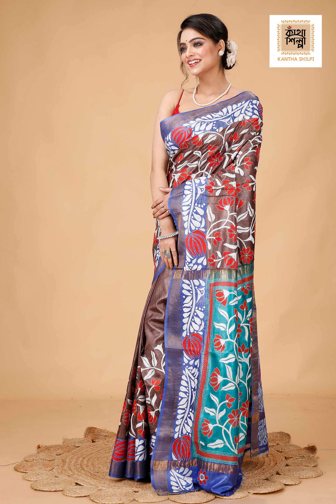 Zori Border Pure Dye Tussar Kantha Stitch Saree