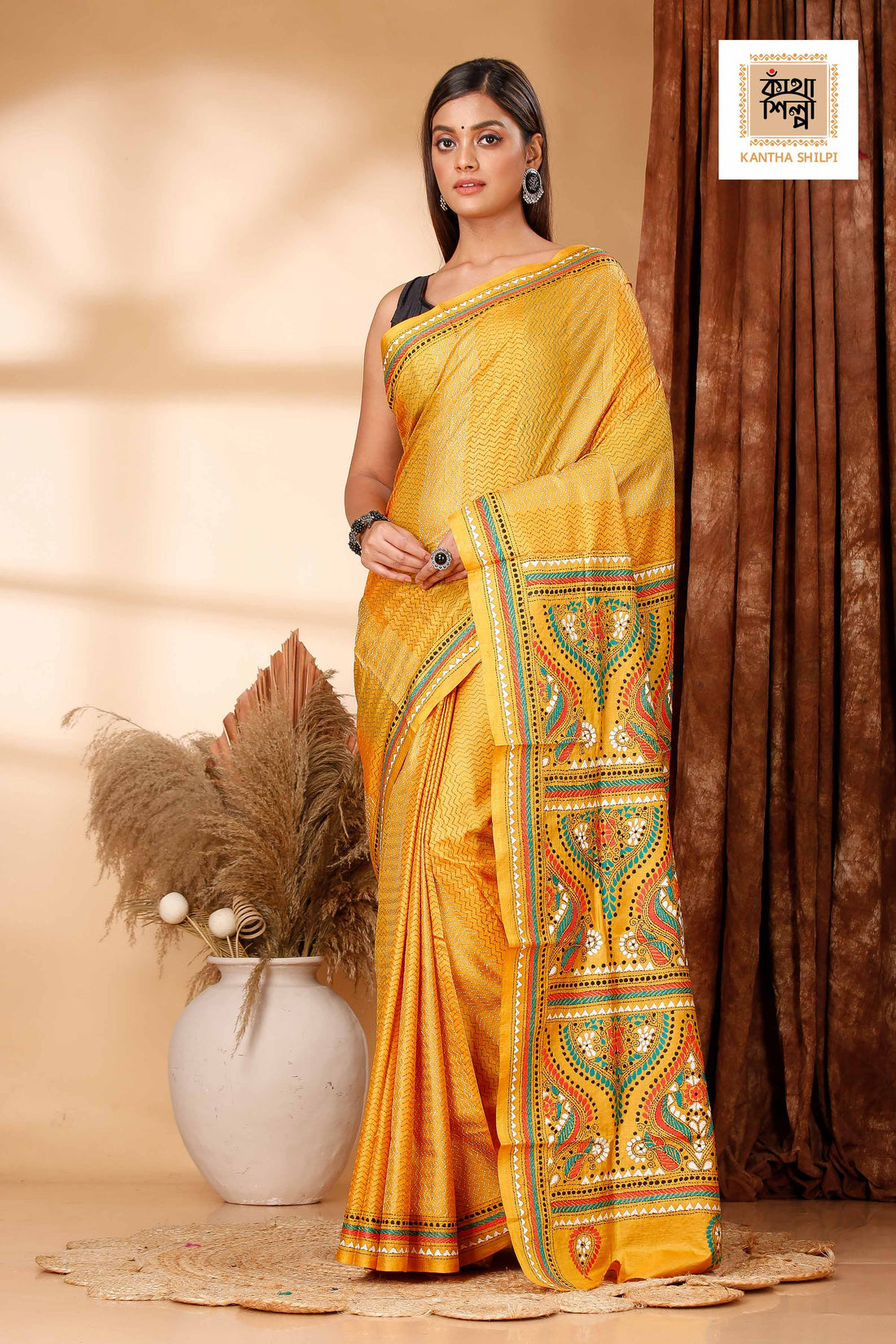 Yellow Pure Bangalore Silk Multicolor Thread Work Traditional Design Kantha Stitch Saree