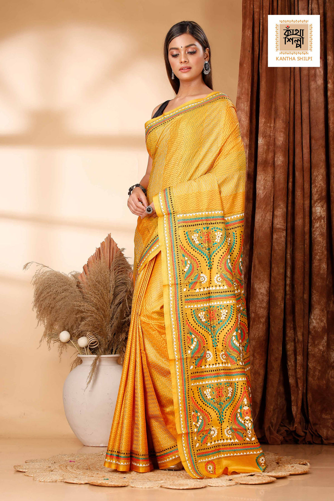 Yellow Pure Bangalore Silk Multicolor Thread Work Traditional Design Kantha Stitch Saree