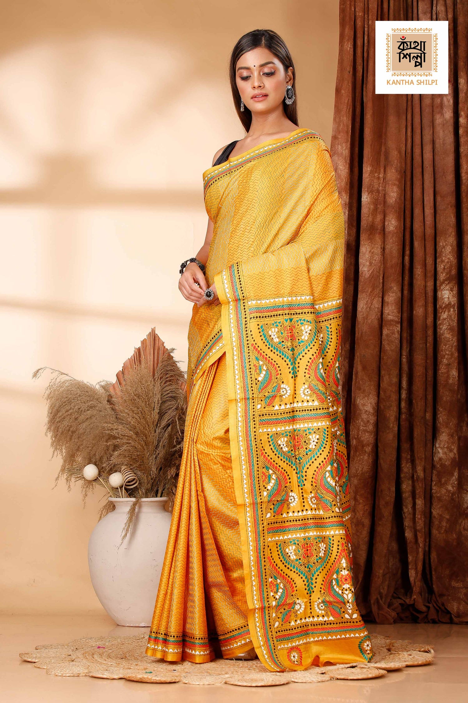 Yellow Pure Bangalore Silk Multicolor Thread Work Traditional Design Kantha Stitch Saree