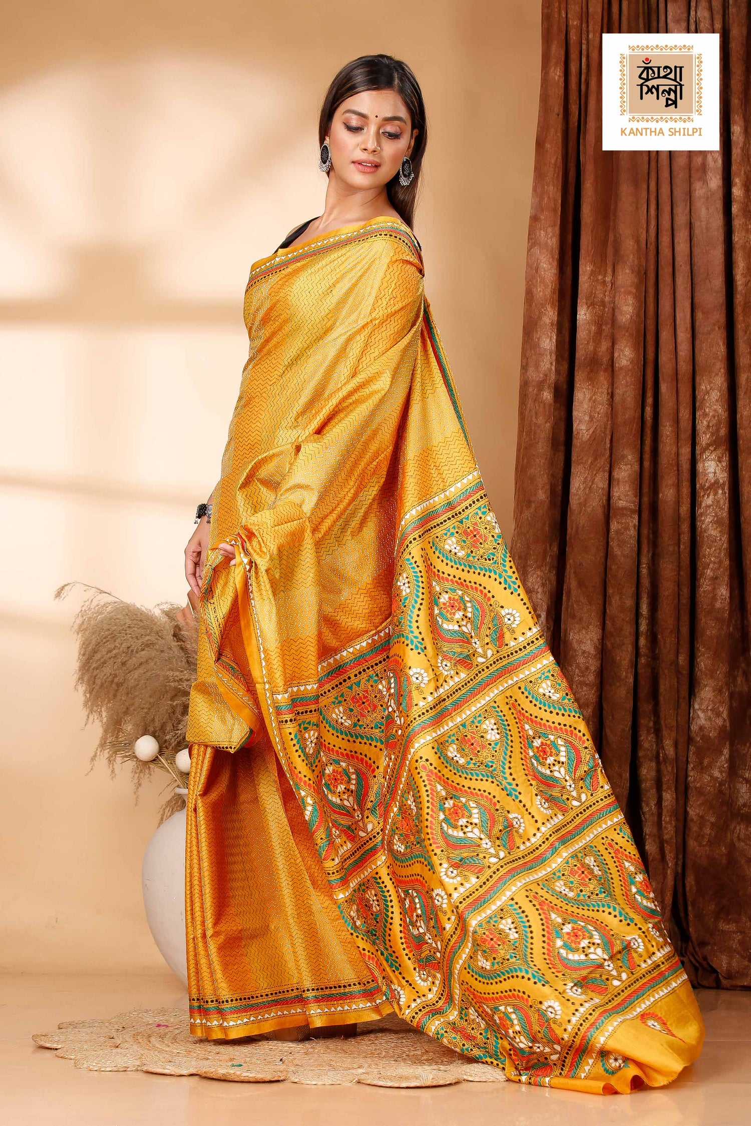 Yellow Pure Bangalore Silk Multicolor Thread Work Traditional Design Kantha Stitch Saree