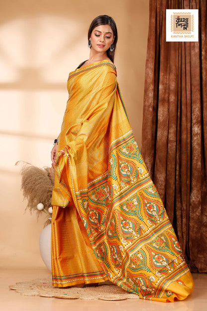 Yellow Pure Bangalore Silk Multicolor Thread Work Traditional Design Kantha Stitch Saree