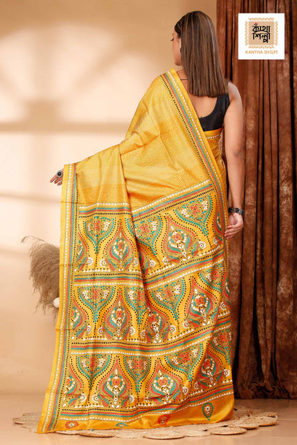 Yellow Pure Bangalore Silk Multicolor Thread Work Traditional Design Kantha Stitch Saree