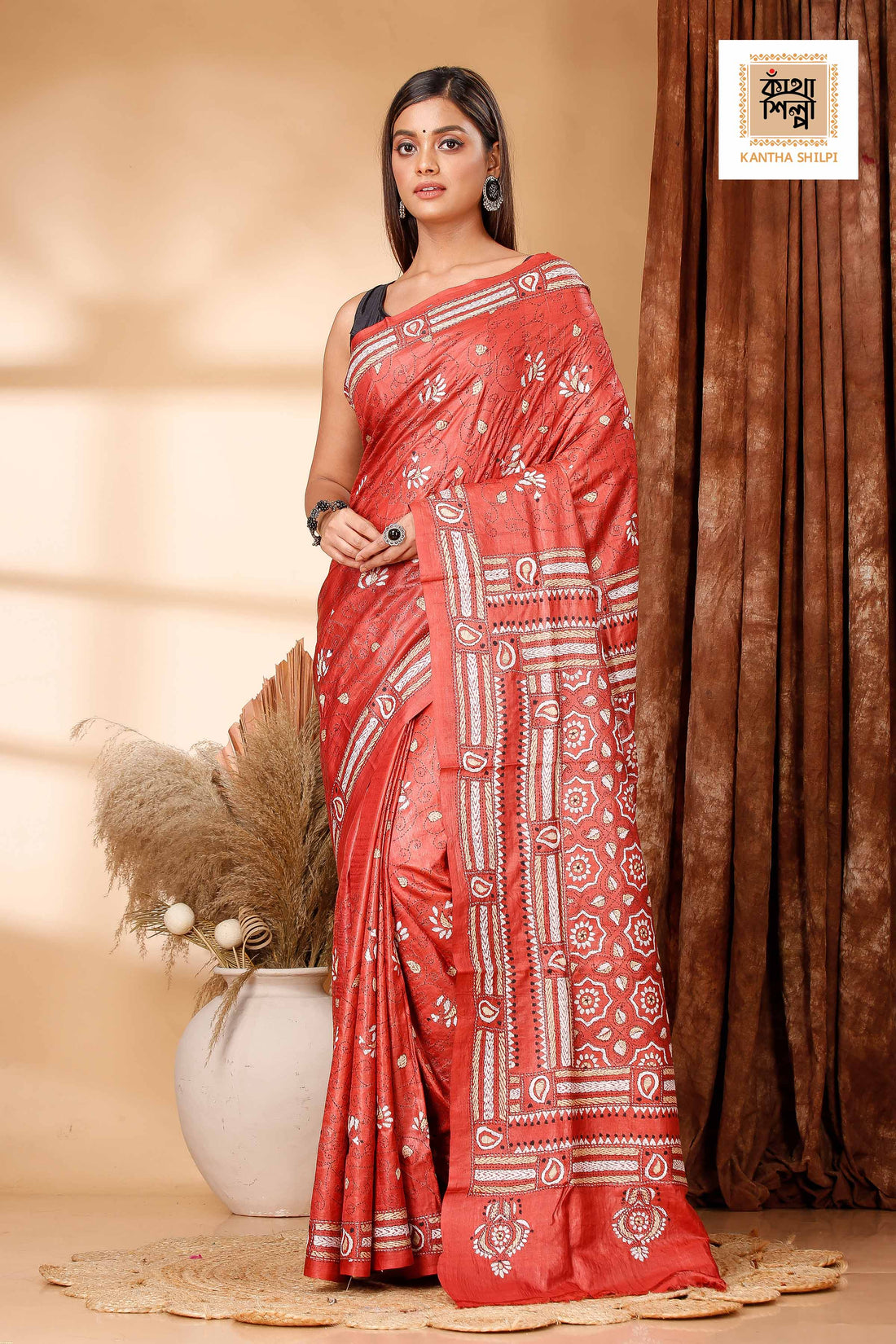 Rust Color Dye Tussar White, Black Color Thread Work Kantha Stitch Saree