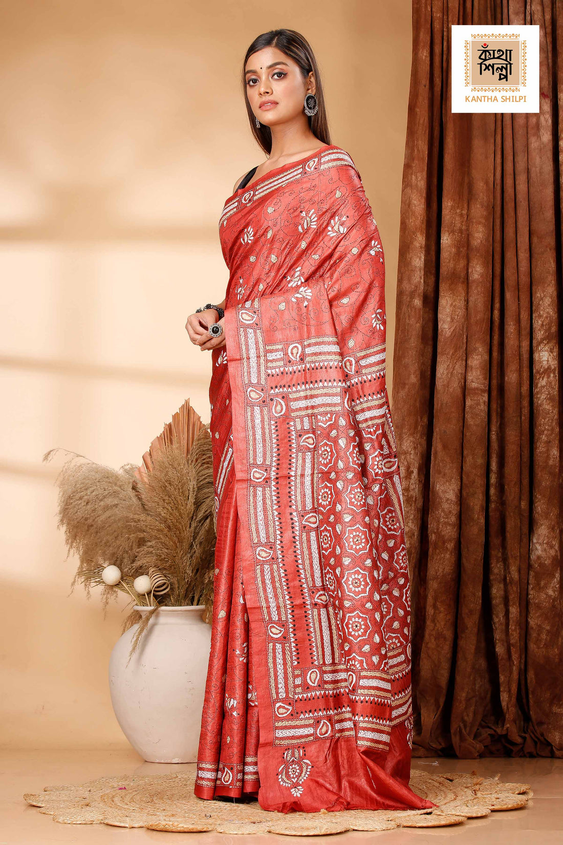 Rust Color Dye Tussar White, Black Color Thread Work Kantha Stitch Saree