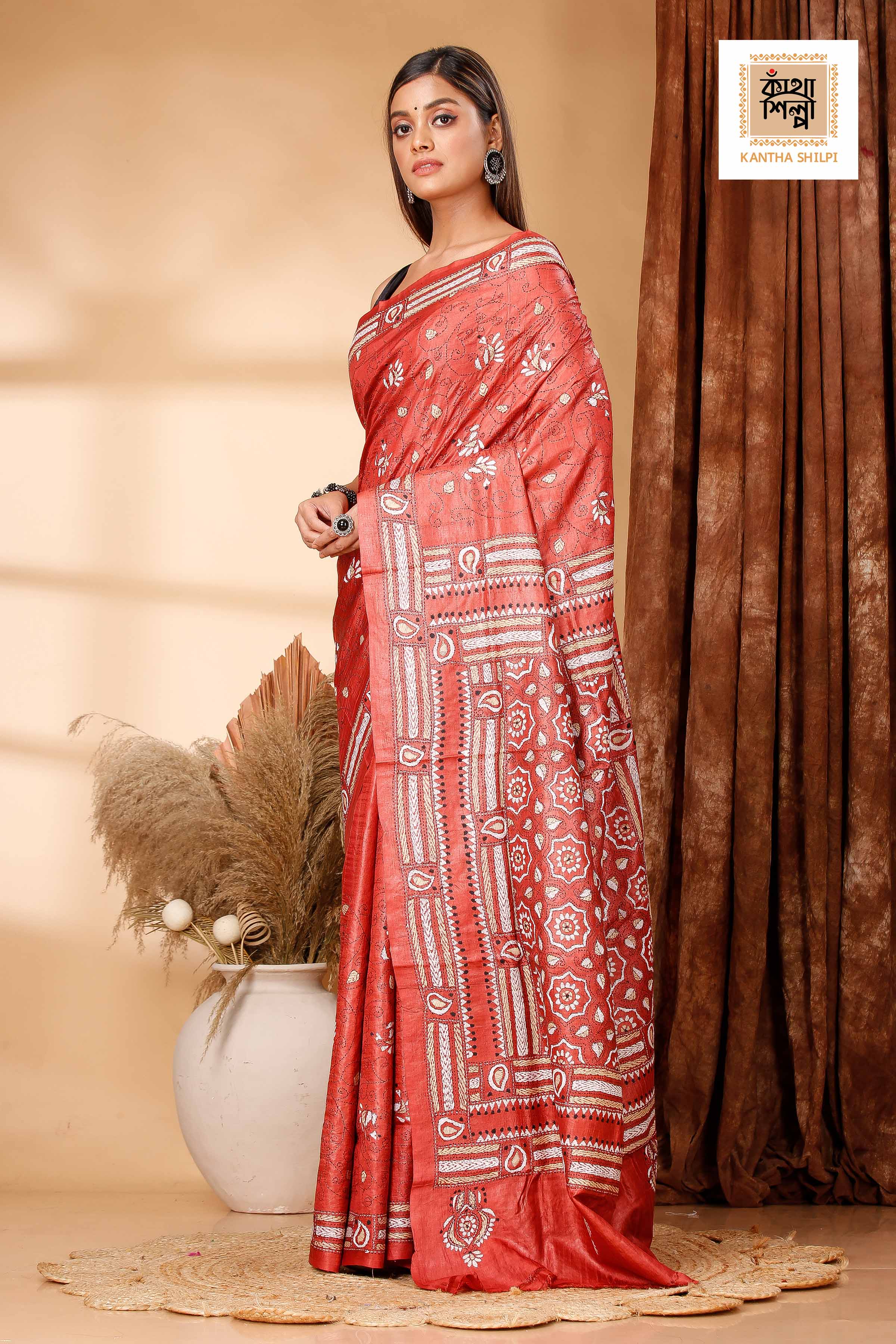 Rust Color Dye Tussar White, Black Color Thread Work Kantha Stitch Saree