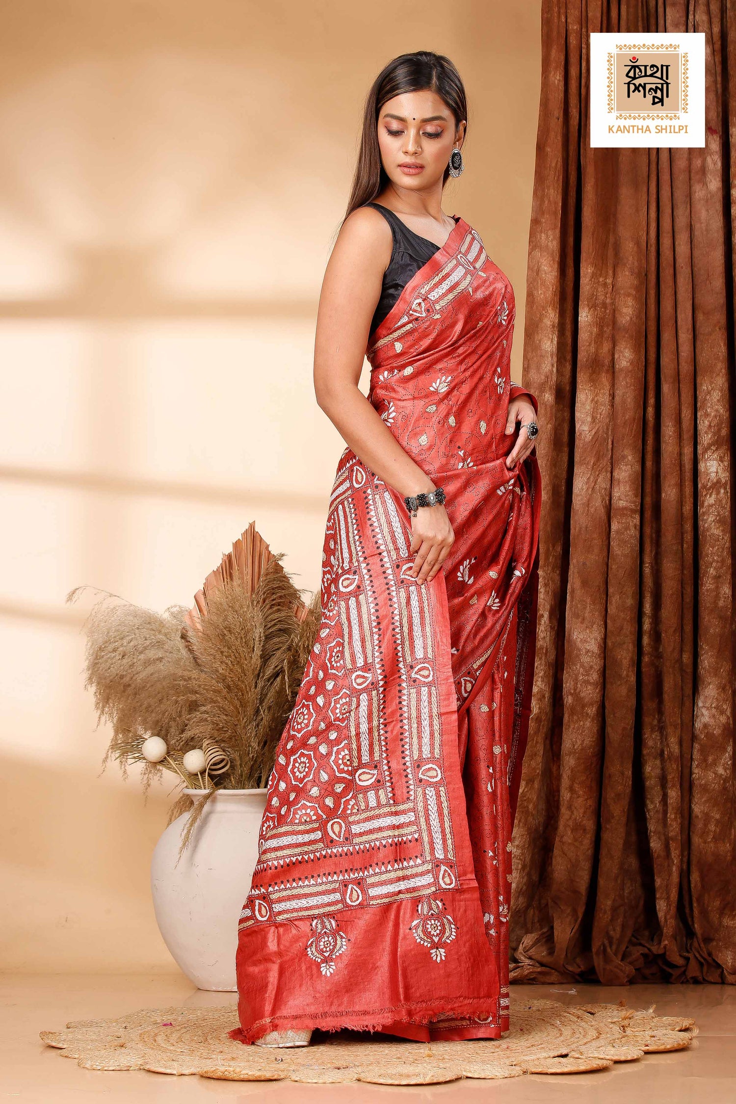 Rust Color Dye Tussar White, Black Color Thread Work Kantha Stitch Saree