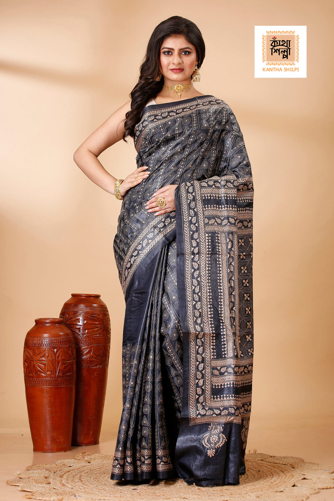 Black Dye Tussar Beige Color Thread Work Geometric Kantha Stitch Saree