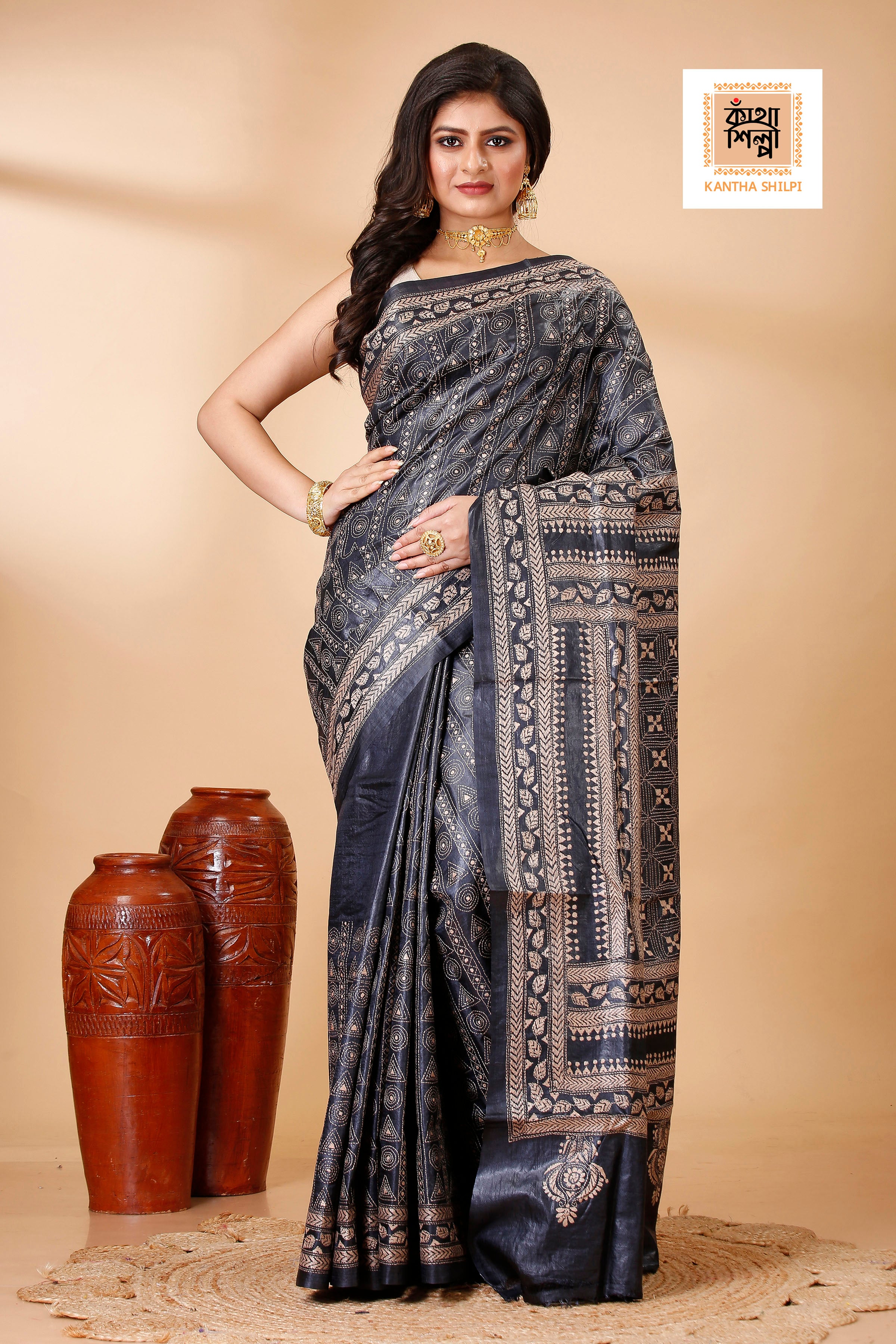 Black Dye Tussar Beige Color Thread Work Geometric Kantha Stitch Saree