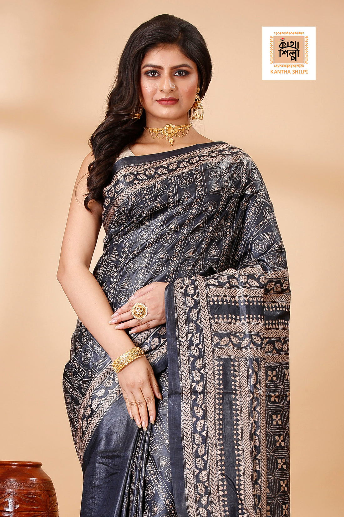 Black Dye Tussar Beige Color Thread Work Geometric Kantha Stitch Saree