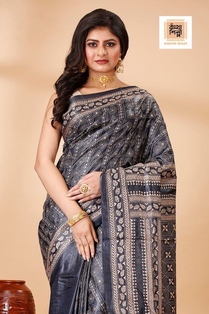 Black Dye Tussar Beige Color Thread Work Geometric Kantha Stitch Saree