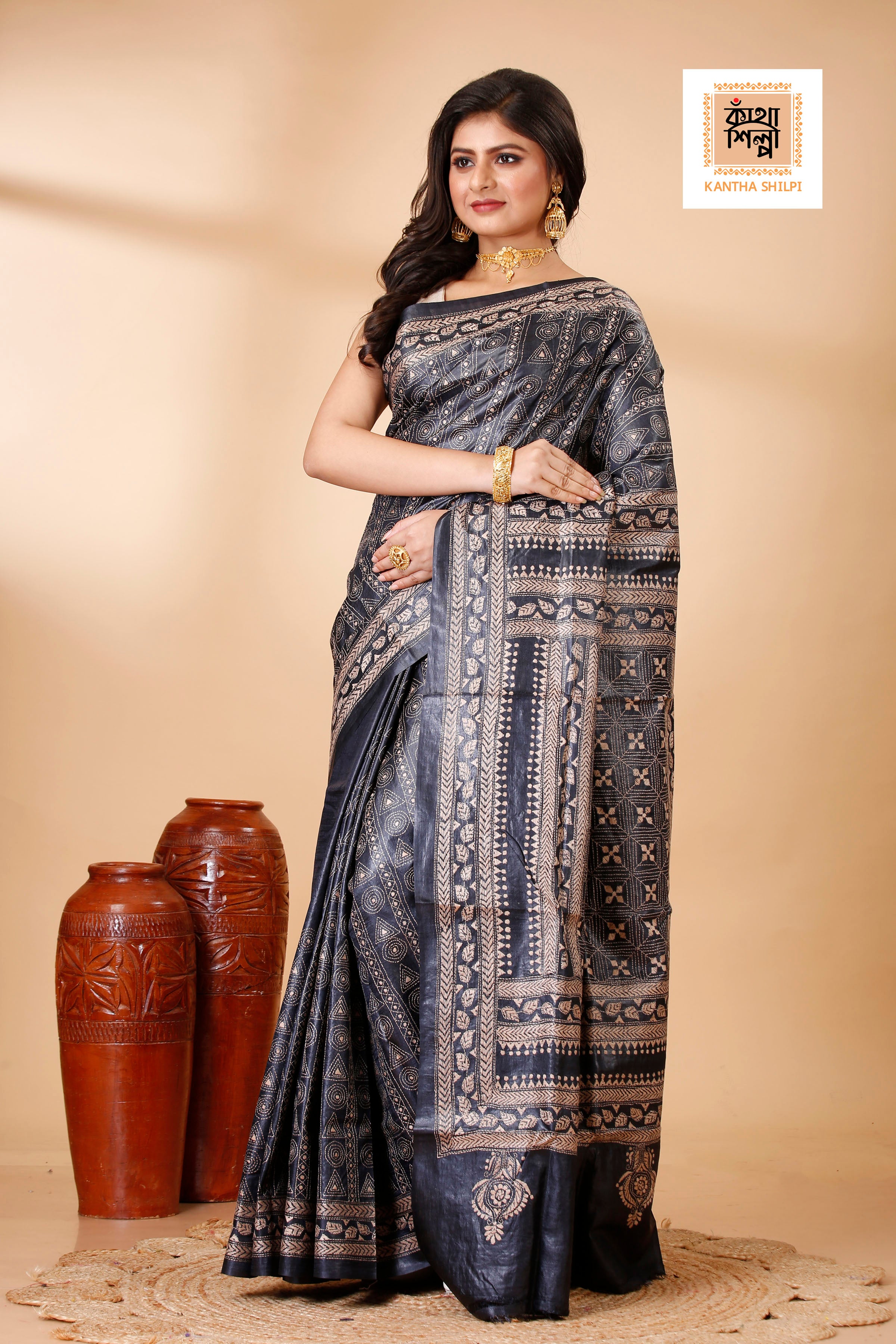 Black Dye Tussar Beige Color Thread Work Geometric Kantha Stitch Saree