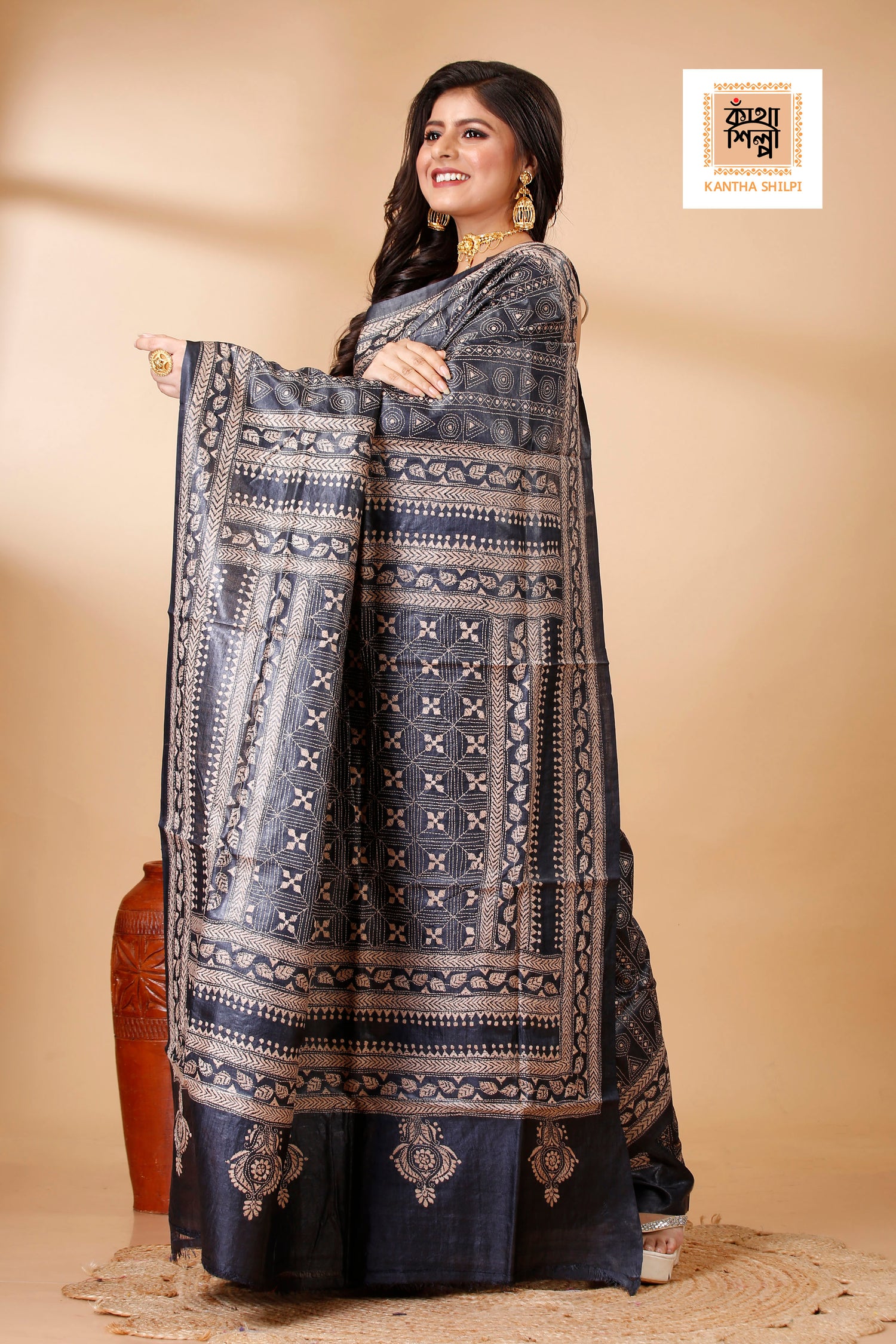 Black Dye Tussar Beige Color Thread Work Geometric Kantha Stitch Saree