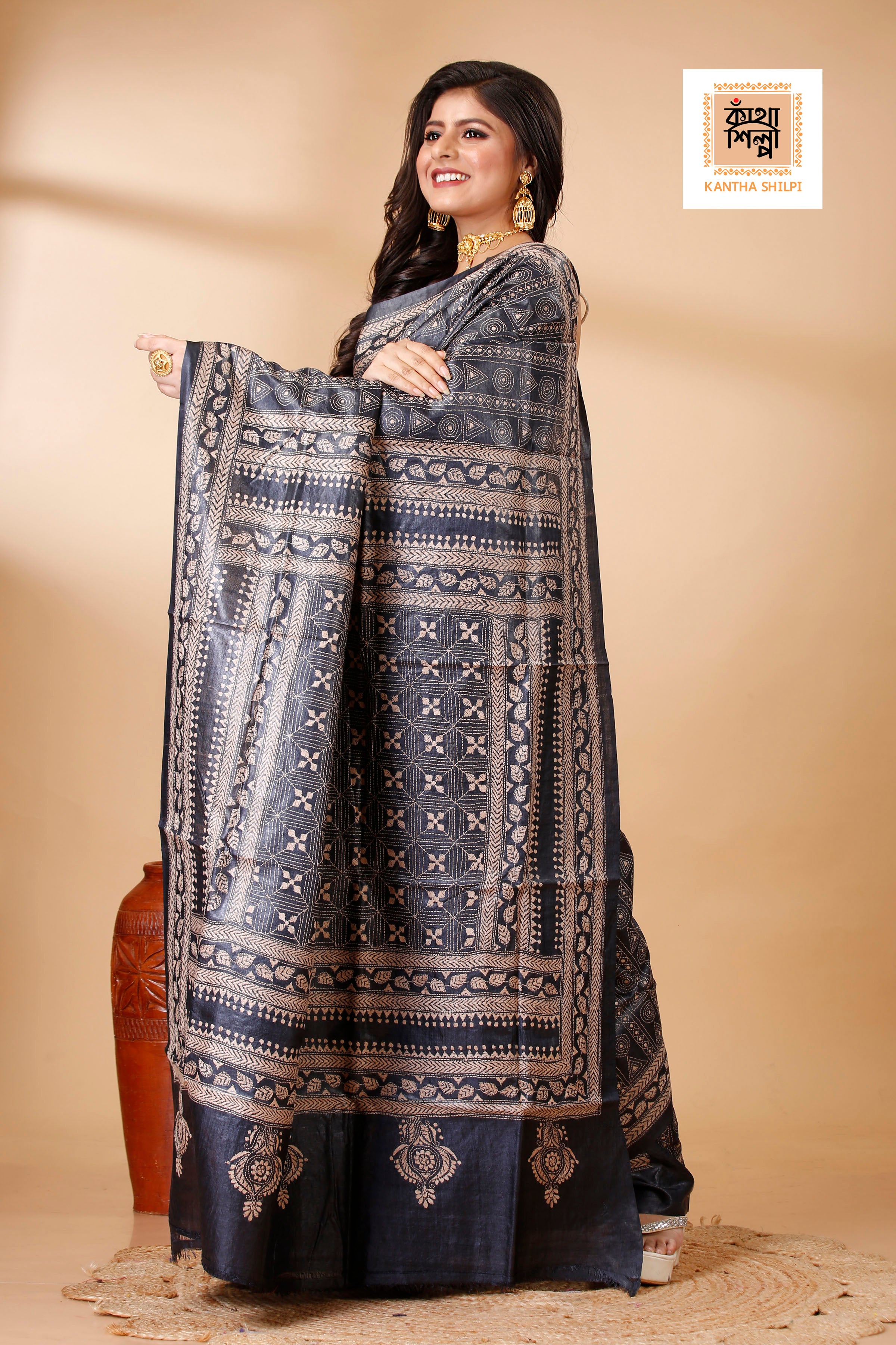 Black Dye Tussar Beige Color Thread Work Geometric Kantha Stitch Saree