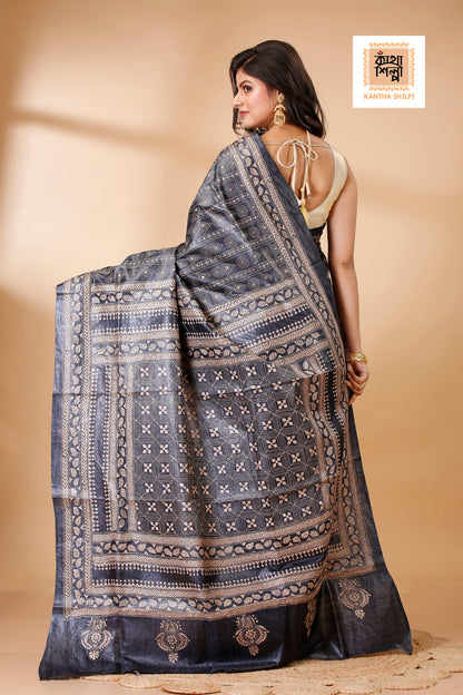 Black Dye Tussar Beige Color Thread Work Geometric Kantha Stitch Saree