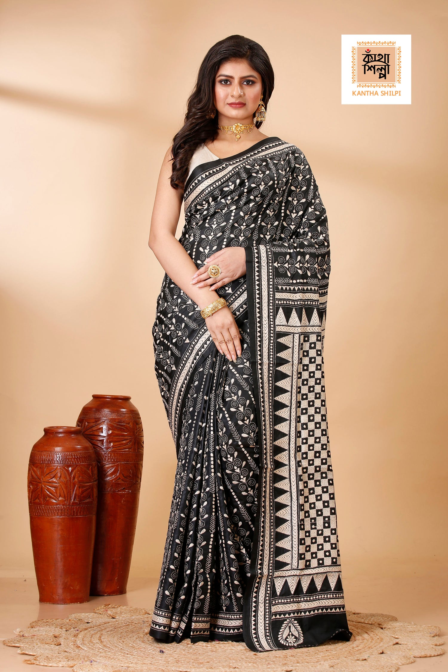 Pure Bangalore Silk Single Color Thread Work Geometric and Traditional Design Kantha Stitch Saree