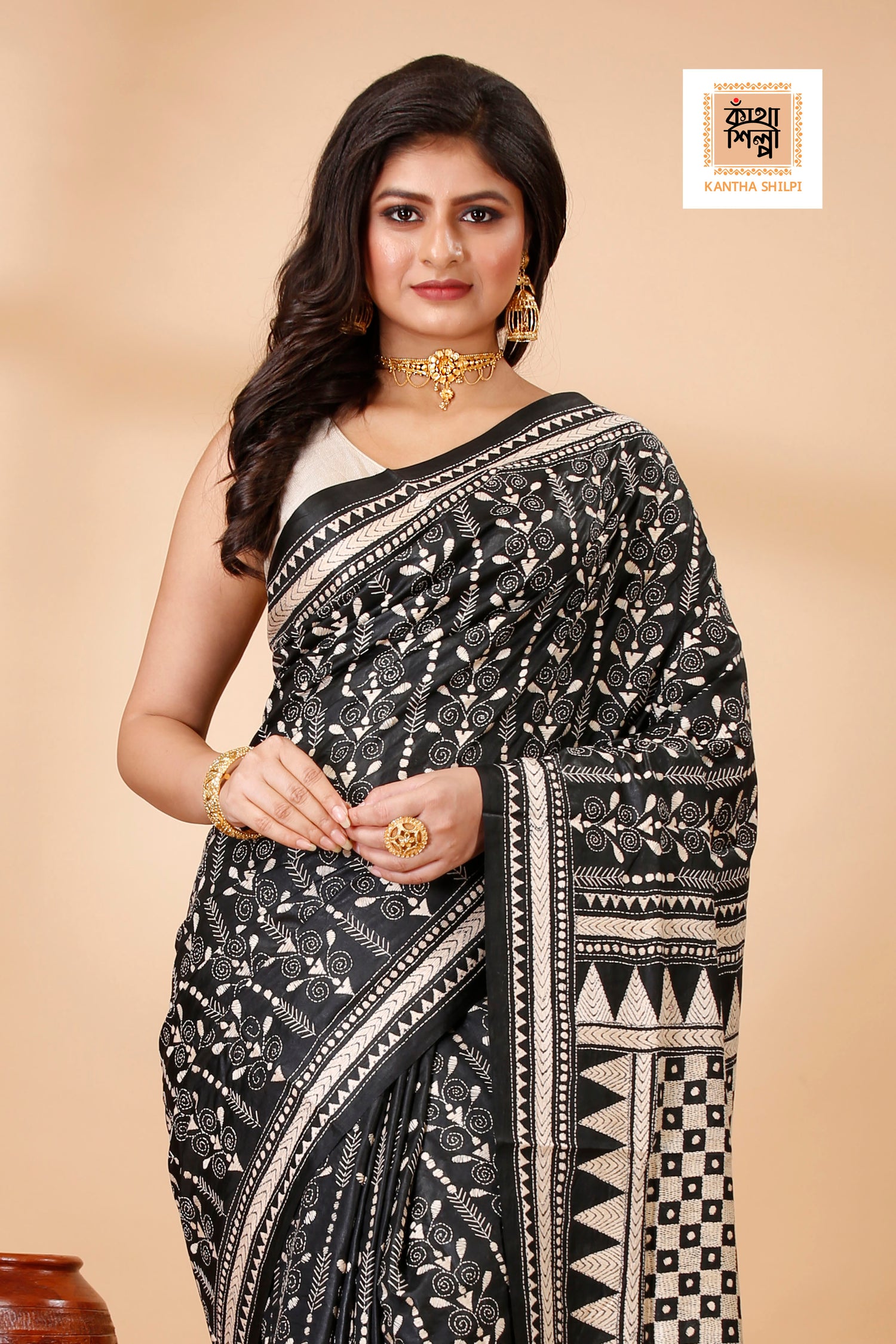 Pure Bangalore Silk Single Color Thread Work Geometric and Traditional Design Kantha Stitch Saree