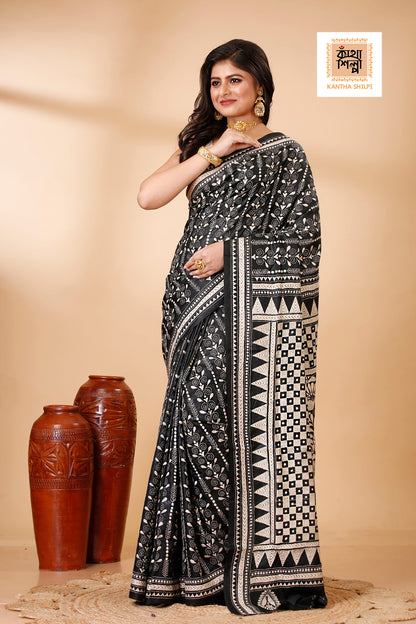 Pure Bangalore Silk Single Color Thread Work Geometric and Traditional Design Kantha Stitch Saree