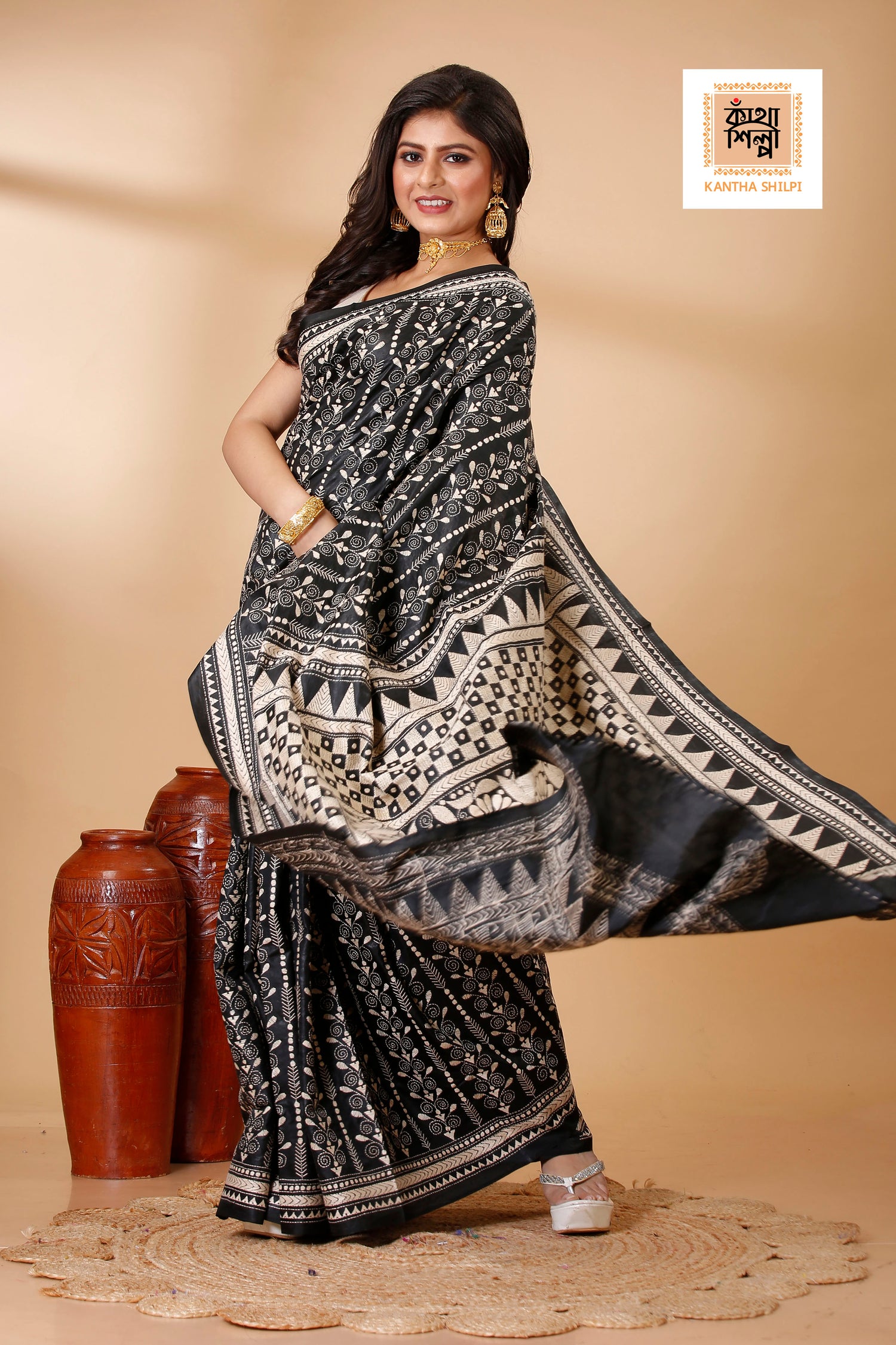 Pure Bangalore Silk Single Color Thread Work Geometric and Traditional Design Kantha Stitch Saree